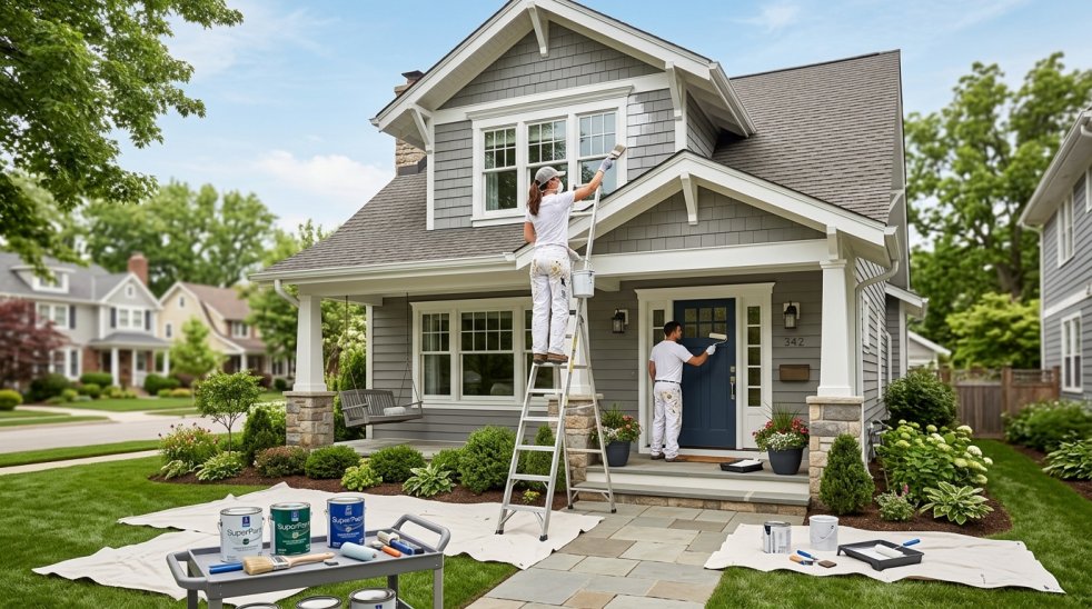 Painters repainting a gray two-story house exterior and front door in a suburban neighborhood