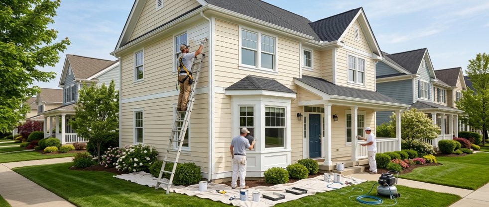 Painters painting the exterior of a two-story suburban house with ladders and tools in the front yard