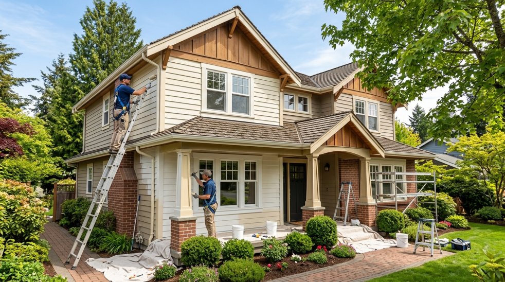 Painters applying fresh exterior paint to a two-story suburban house with ladders, scaffolding, and drop cloths