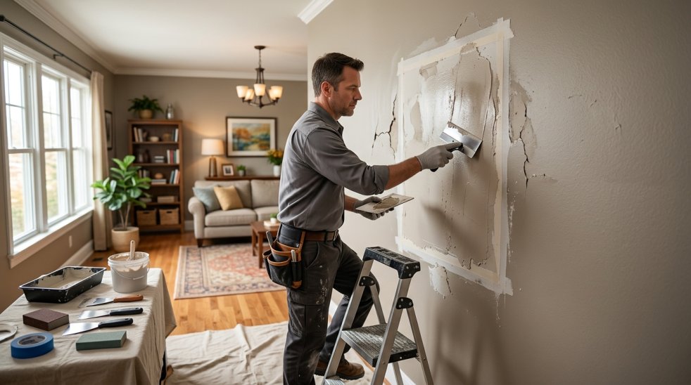 Contractor patching cracked drywall wall in a living room with putty knife and ladder