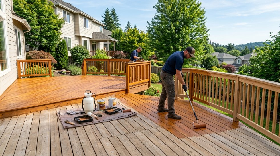 Workers staining a large backyard wood deck with rollers beside a suburban home and landscaped yard