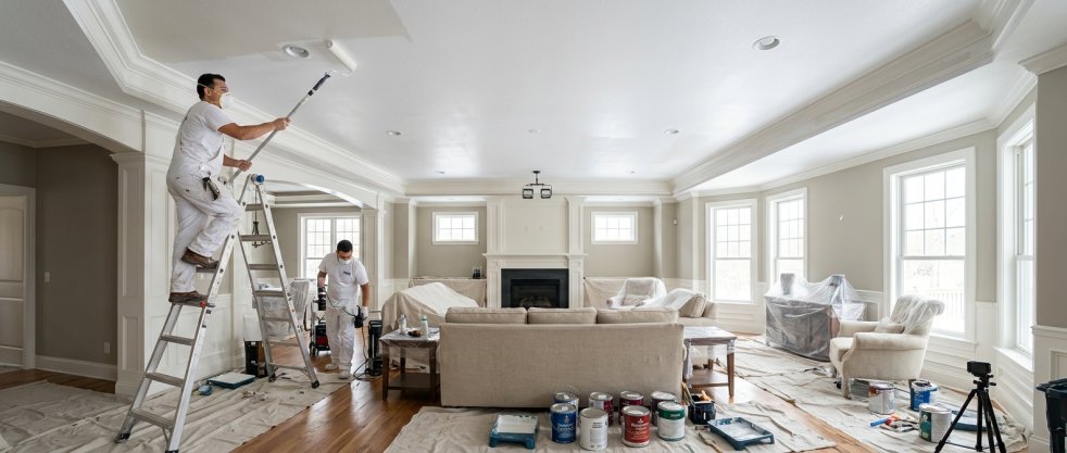 Painters using rollers to paint a white ceiling in a large living room with covered furniture and drop cloths