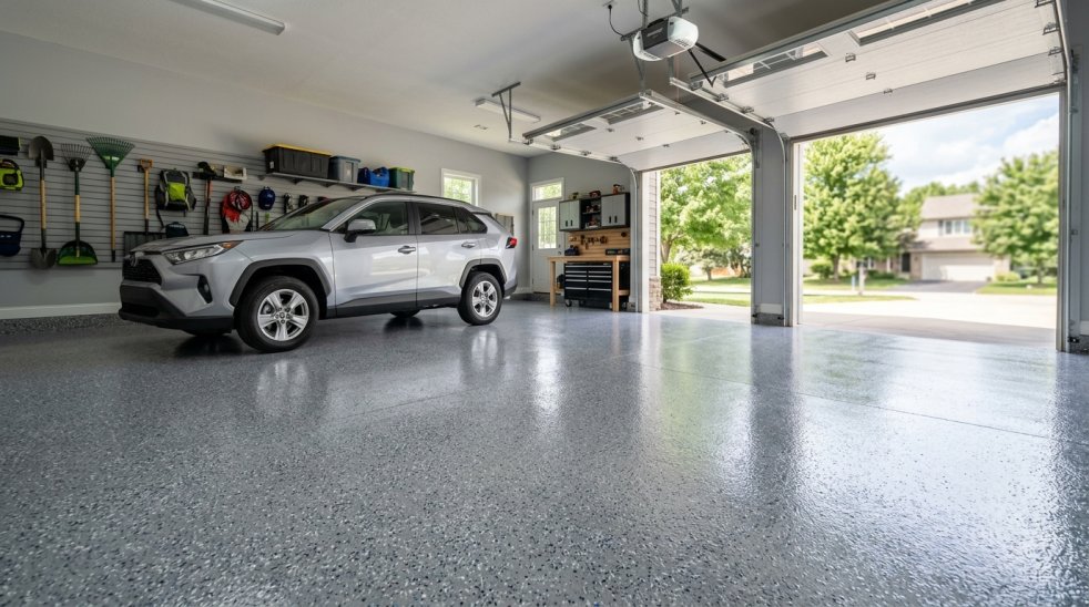 SUV parked in clean garage with freshly painted epoxy floor and open garage door